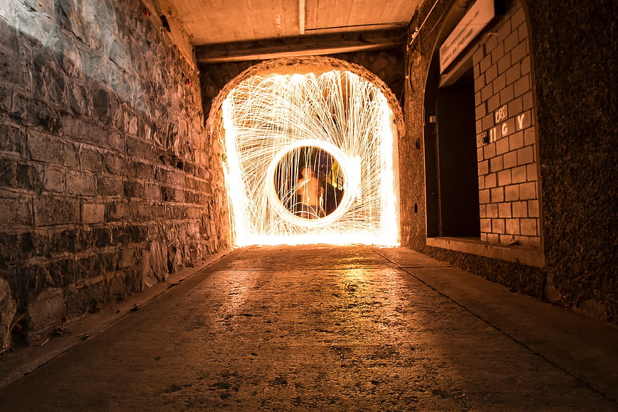 Long Exposure Light Painting in Stone Tunnel