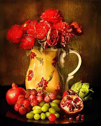 Classic Still Life with Red Flowers, Grapes, and Pomegranates in Ceramic Pitcher