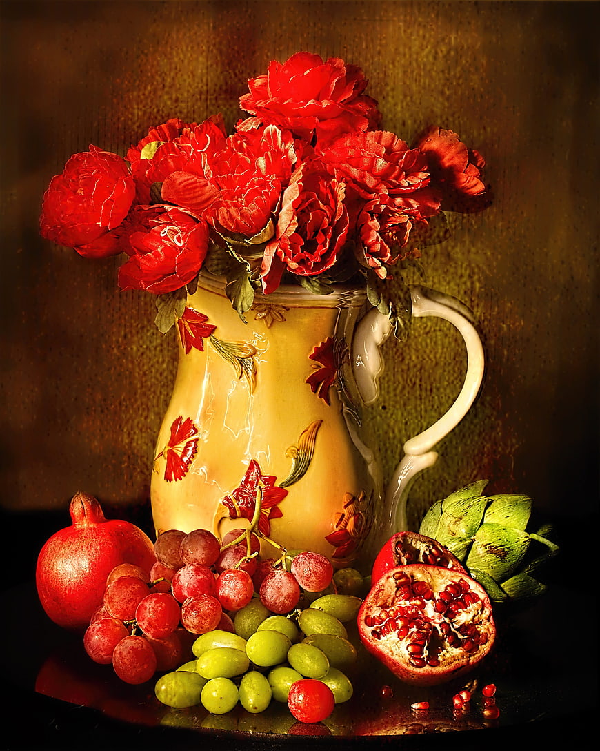 Classic Still Life with Red Flowers, Grapes, and Pomegranates in Ceramic Pitcher