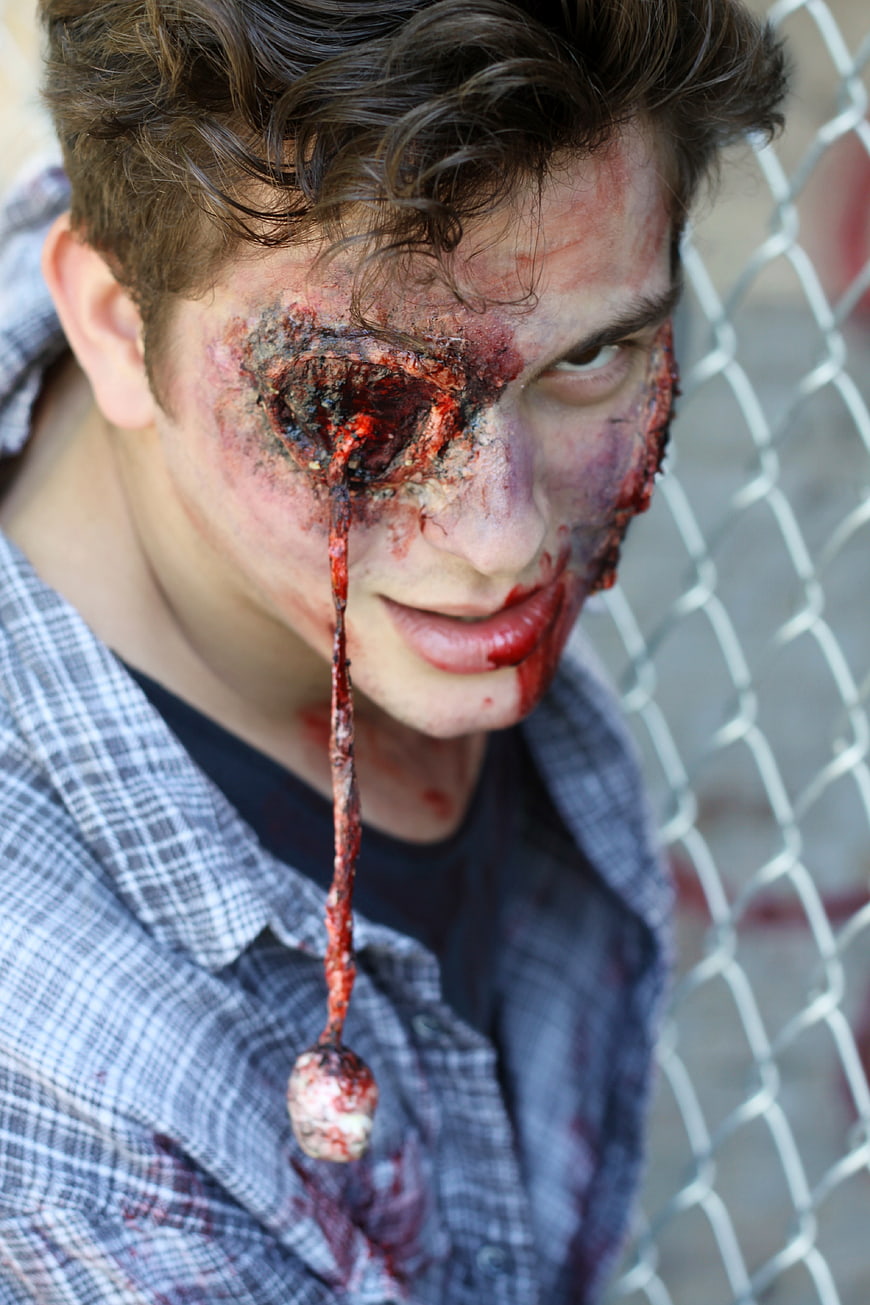 Gory Zombie Makeup Close-Up with Bloody Eye