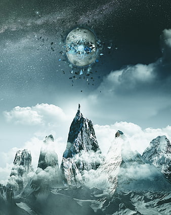 Surreal Fantasy Landscape With Exploding Moon And Snowy Peaks