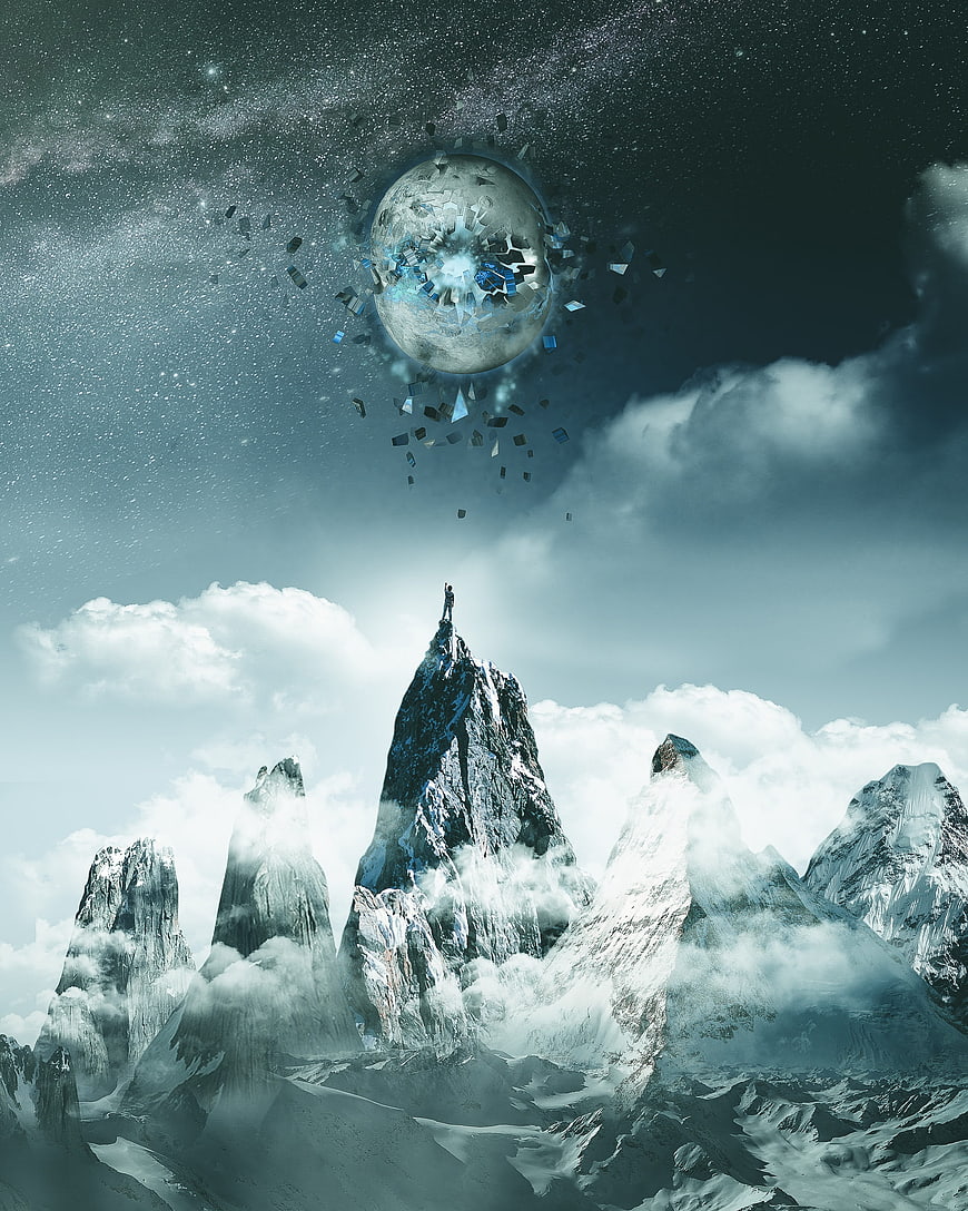 Surreal Fantasy Landscape With Exploding Moon And Snowy Peaks