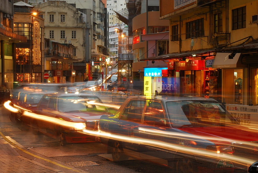 Long exposure Hong Kong street traffic with light trails