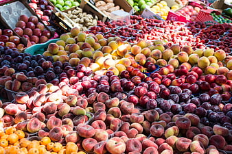 Colorful Summer Fruit Display at Outdoor Farmers Market