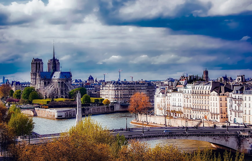 Paris Cityscape with Notre Dame Cathedral and Seine River