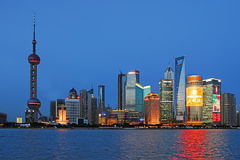Shanghai Skyline at Blue Hour with Oriental Pearl Tower and Lujiazui