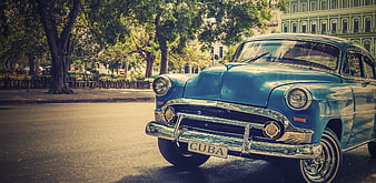 Vintage Blue Classic Car Parked On Havana Street