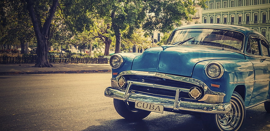 Vintage Blue Classic Car Parked On Havana Street