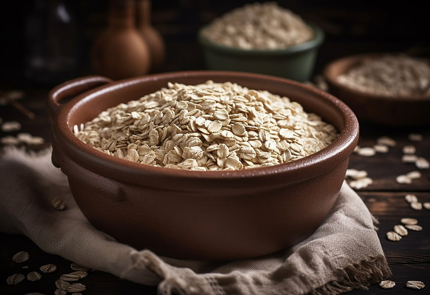 Rustic Bowl of Rolled Oats on Wooden Table