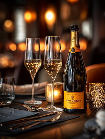 Elegant Champagne Bottle and Flutes on Dining Table