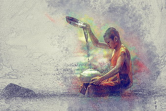 Young Buddhist Monk Pouring Water in Artistic Style