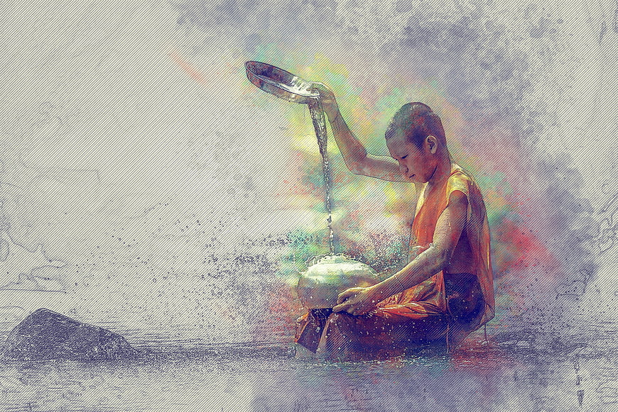Young Buddhist Monk Pouring Water in Artistic Style