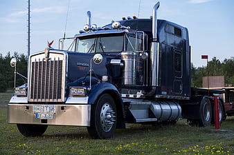 Classic Blue Kenworth W900 Semi Truck in Field