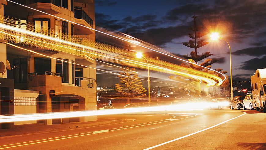 Long Exposure Night Traffic Light Trails on City Street