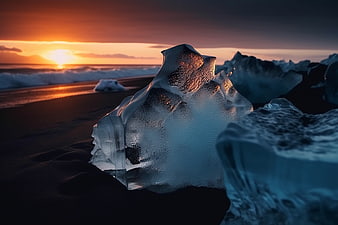 Glacial Iceberg on Black Sand Beach at Sunset