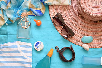 Summer Beach Essentials Flat Lay With Straw Hat And Sunglasses