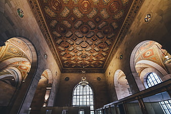 Ornate Beaux-Arts Ceiling with Arched Windows and Decorative Patterns