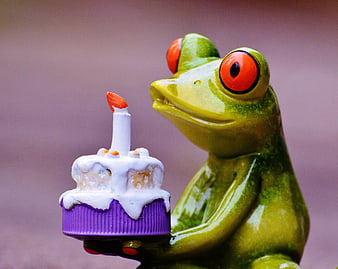 Cute Green Ceramic Frog Figurine Holding Miniature Birthday Cake