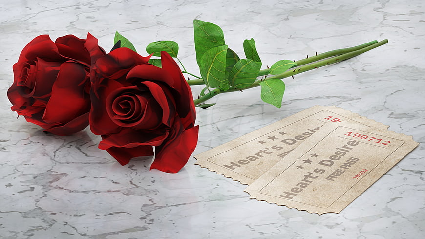 Red Roses and Vintage Tickets on Marble Background