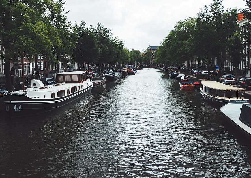 Amsterdam Canal with Houseboats and Trees