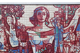 Retro Style Ceramic Tile Mural with Stylized Figures