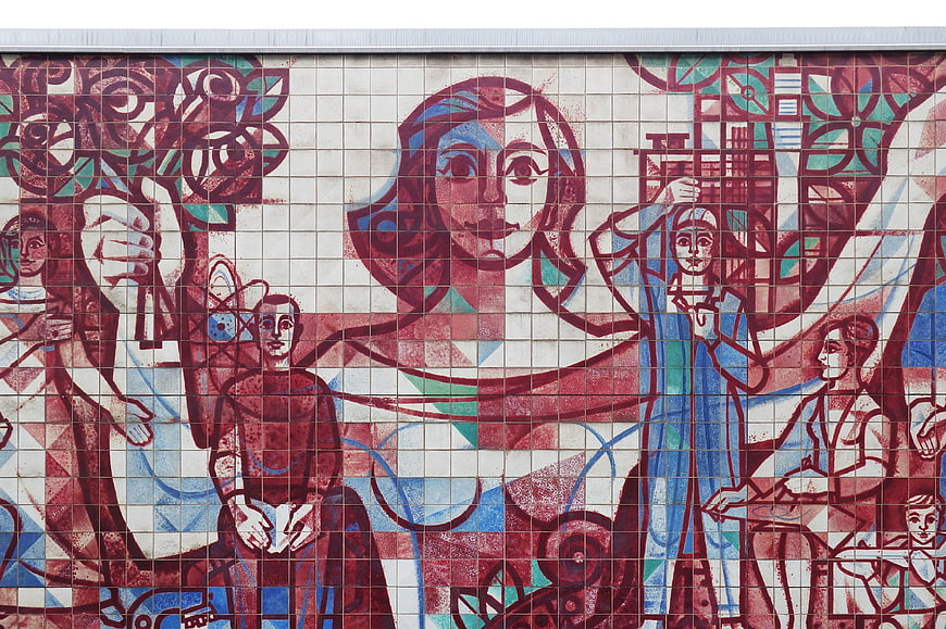 Retro Style Ceramic Tile Mural with Stylized Figures