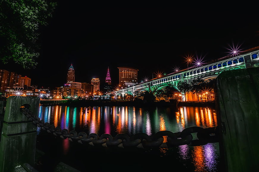 Night Cityscape with Bridge and Water Reflections