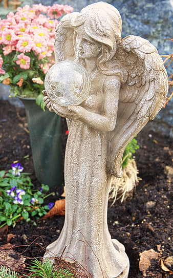Stone Angel Statue Holding Crystal Ball in Garden