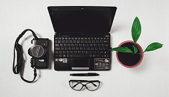 Flat lay of laptop, camera, glasses, and plant on white desk