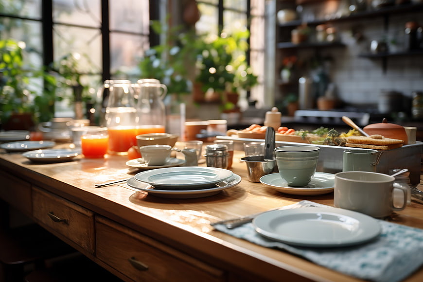 Cozy Breakfast Table Setting with Plates and Mugs