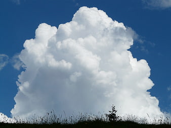 Massive white cumulus cloud against deep blue sky