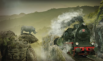 Surreal Steam Locomotive and Rhino in Misty Mountain Landscape