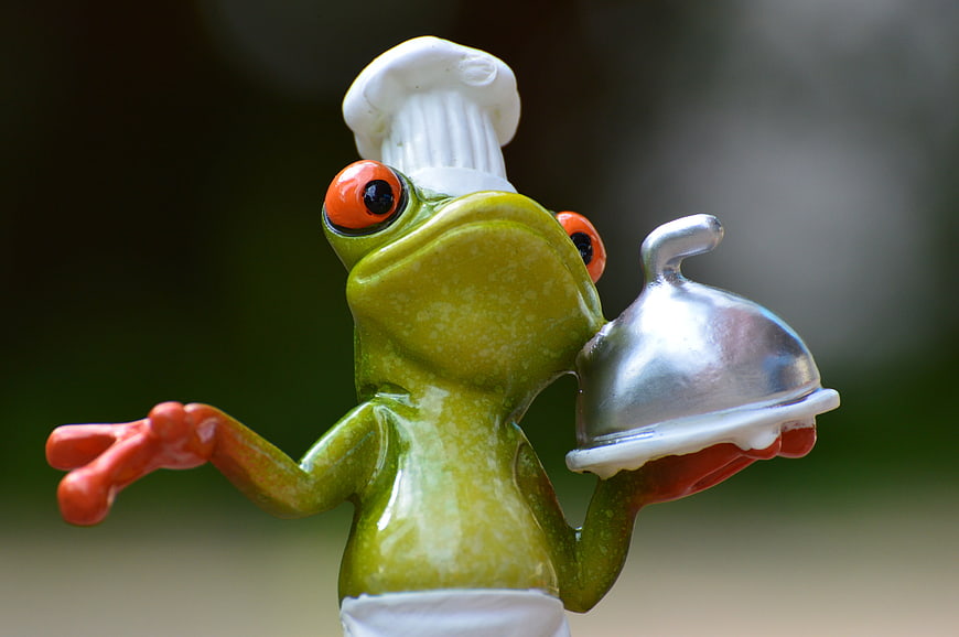 Cute Ceramic Frog Chef Figurine Holding Silver Food Dome