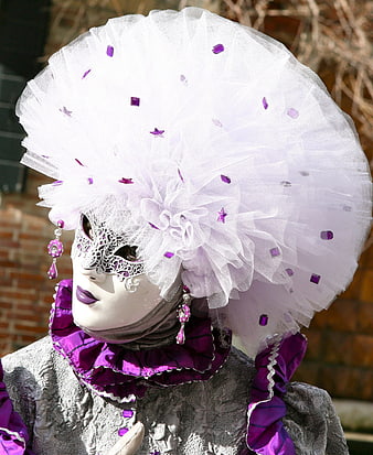 Venetian Carnival Mask with Purple and White Tulle Headdress