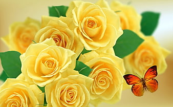 Yellow Rose Bouquet With Orange Butterfly On Soft Background