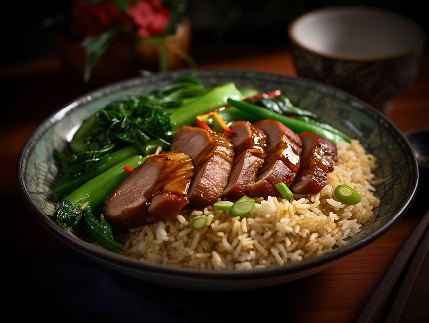 Glossy Roasted Pork Belly Rice Bowl with Bok Choy