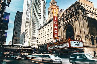 Chicago Theatre Marquee and Downtown Skyscrapers