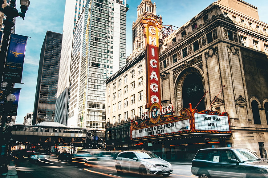 Chicago Theatre Marquee and Downtown Skyscrapers