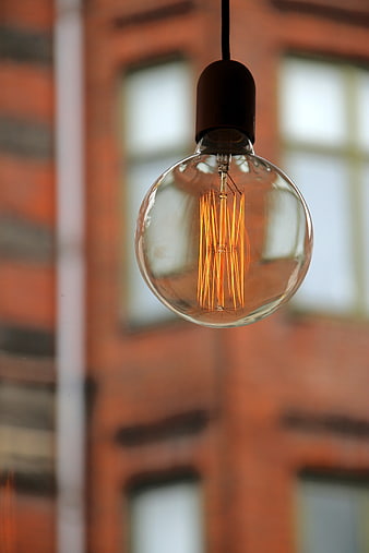 Vintage Edison Bulb Hanging in Front of Blurred Brick Building