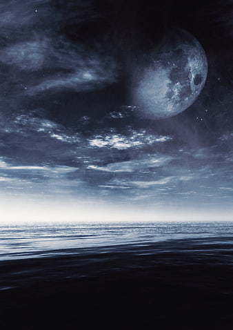 Giant Moon Over Calm Ocean Horizon at Night