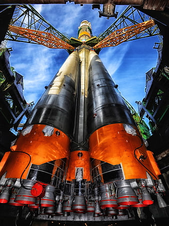 Low angle view of Soyuz rocket engines on launch pad