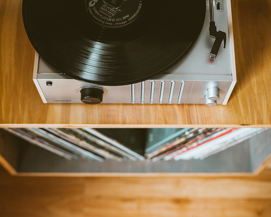Top view of vintage record player on wooden shelf