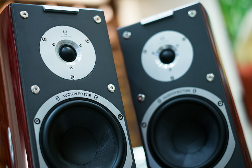Close-up of Audiovector high-end stereo speakers with wooden cabinets