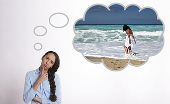 Woman Thinking About Beach Vacation With Thought Bubble