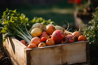 Fresh Root Vegetables in Wooden Crate