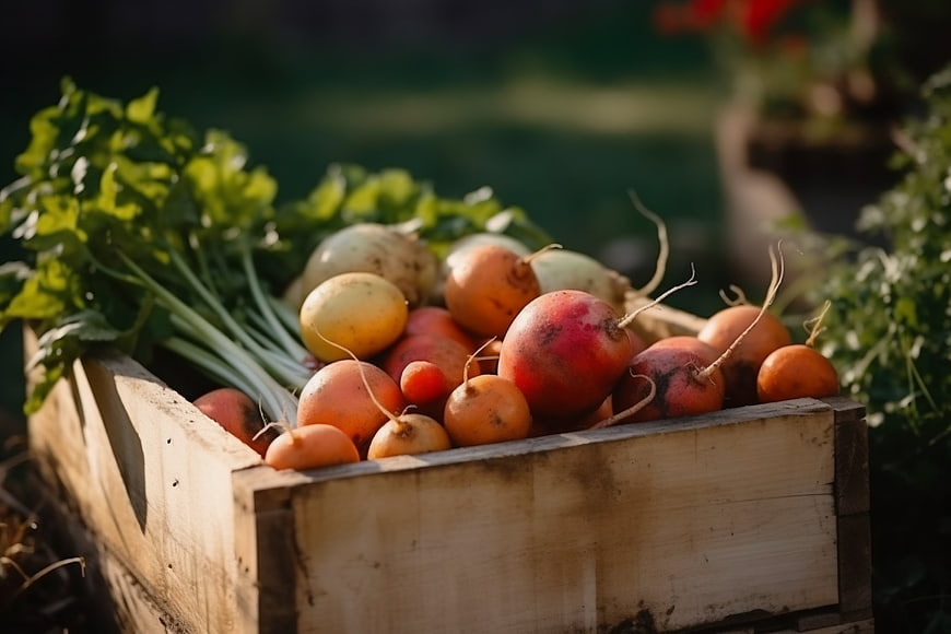 Fresh Root Vegetables in Wooden Crate