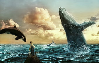 Fantasy boy on pier with giant humpback whale and orca
