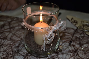 Decorative Glass Candle Holder with Ribbon and Pearls