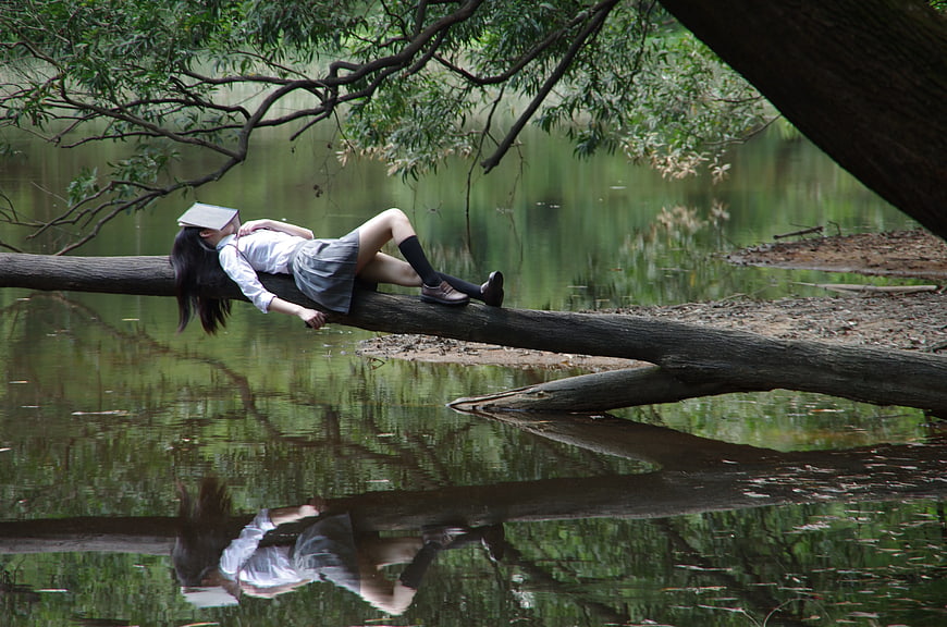 Woman Sleeping on Fallen Log in Forest with Reflection