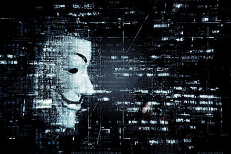 Anonymous hacker mask with digital glitch effect and code background
